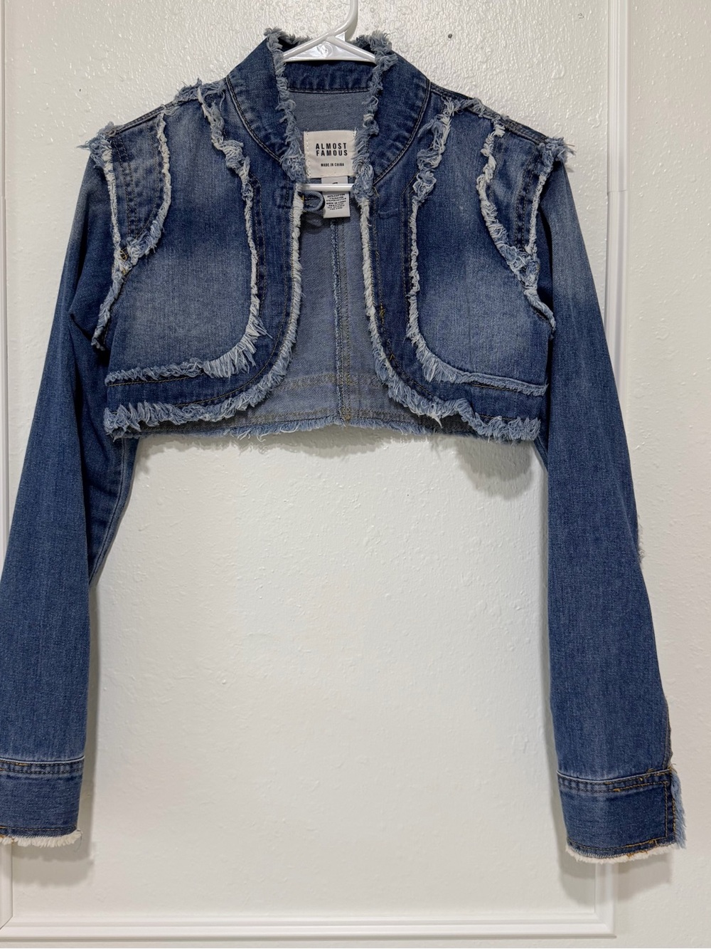Almost Famous Frayed Cropped Denim Jacket - Blue
